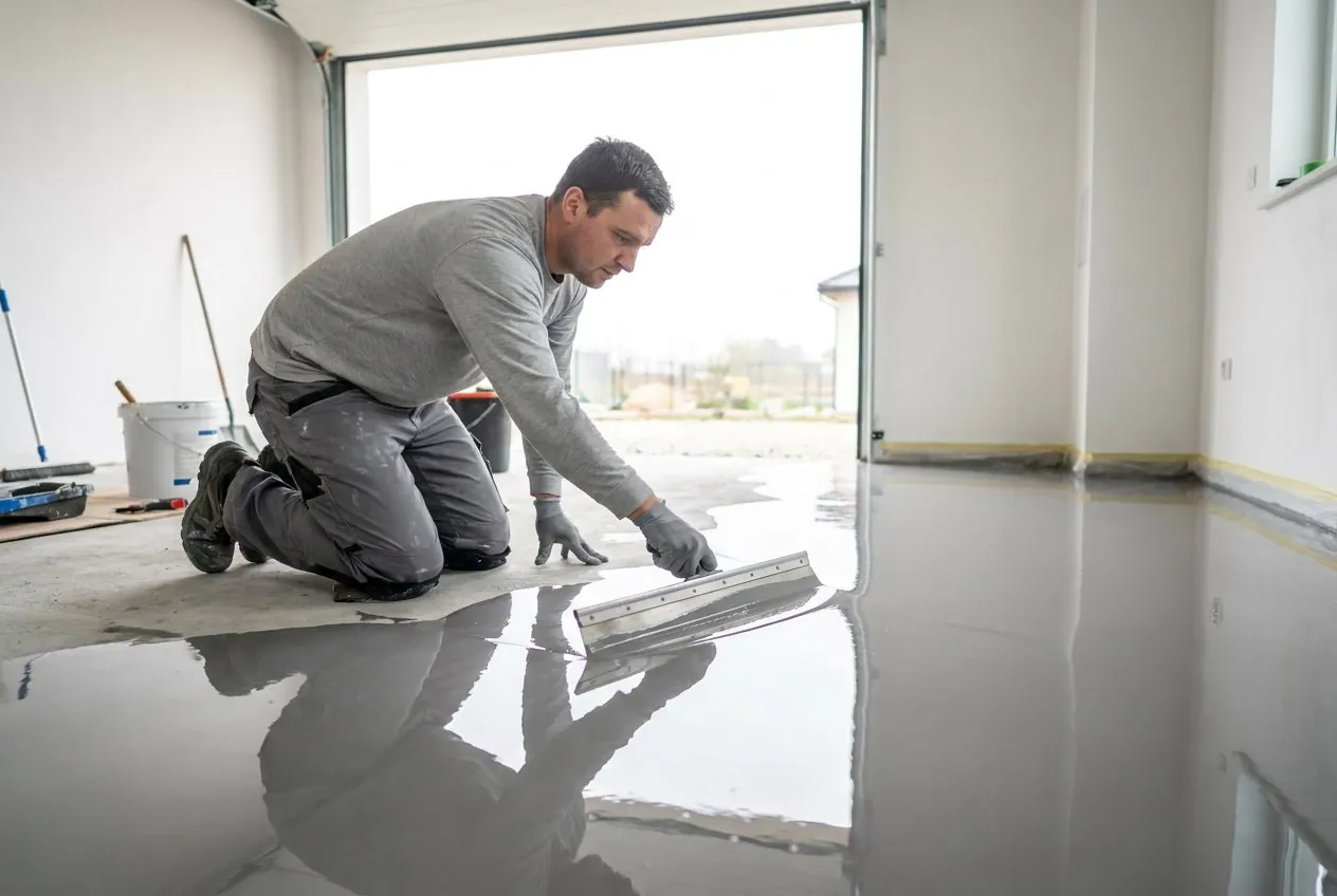 Sol époxy gris clair dans un garage avec voiture stationnée