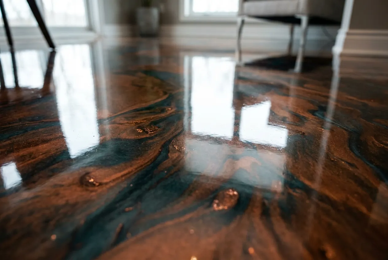 Sol résine époxy métallique 3D dans un showroom moderne